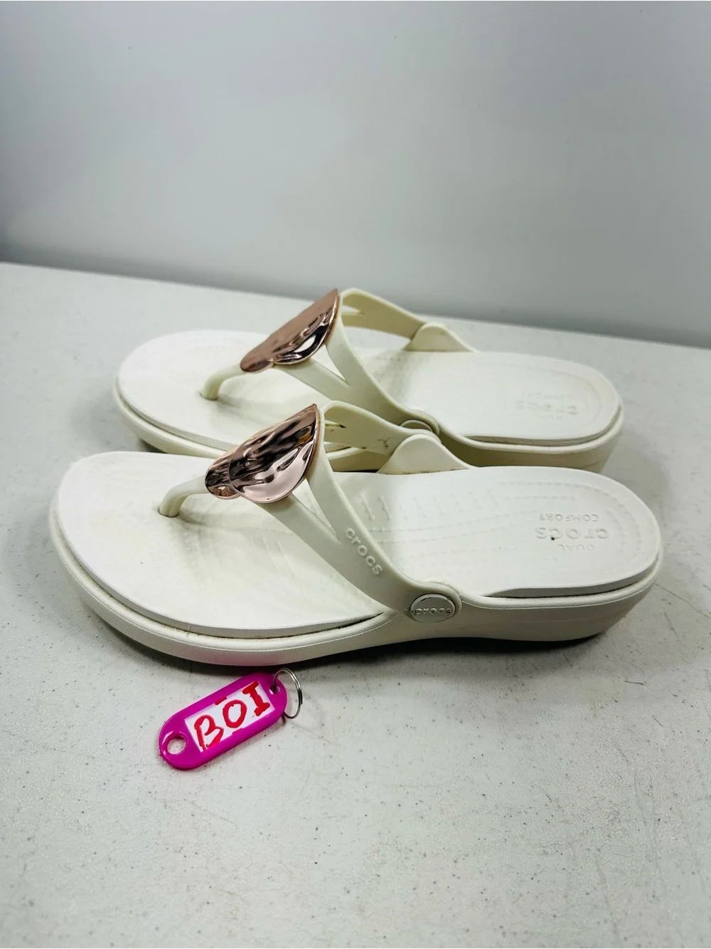 CROCS Women’s White Flip Sandals with Rose Gold Detail 6